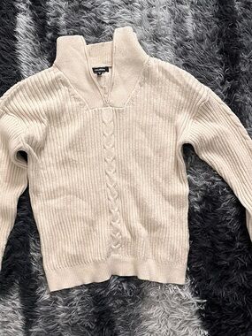 Cocobleu Beige Cable-Detail Zip-Up Women’s Sweater